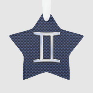 Gemini Zodiac Sign on Navy Blue Carbon Fiber Print Ornament