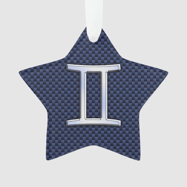 Gemini Zodiac Sign on Navy Blue Carbon Fiber Print Ornament (Front)