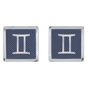 Gemini Zodiac Sign on Navy Blue Carbon Fiber Print Silver Cufflinks