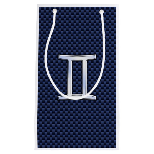Gemini Zodiac Sign on Navy Blue Carbon Fiber Print Small Gift Bag (Front)