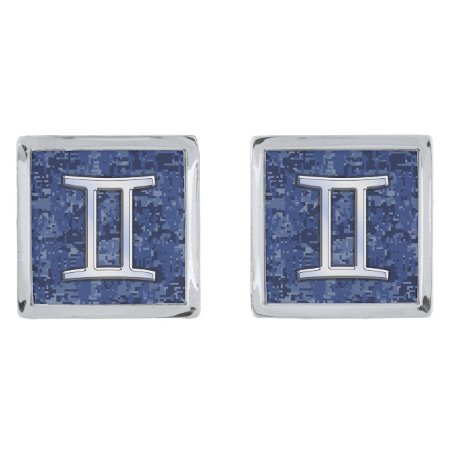 Gemini Zodiac Sign on Navy Blue Digital Camo Cufflinks (Front)