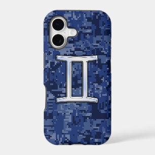 Gemini Zodiac Sign on Navy Blue Digital Camo iPhone 17 Case