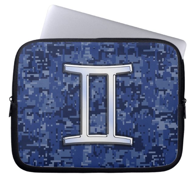 Gemini Zodiac Sign on Navy Blue Digital Camo Laptop Sleeve (Front)