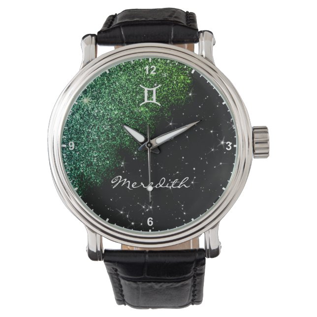 Gemini Zodiac Sign Teal Green Glitter Stars Name Watch (Front)
