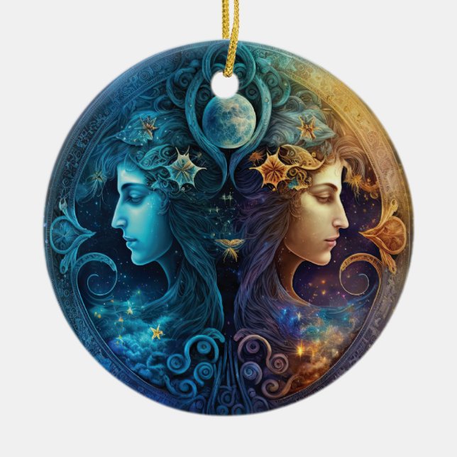 Gemini Zodiac Sign Watercolor Design Ceramic Ornament (Front)