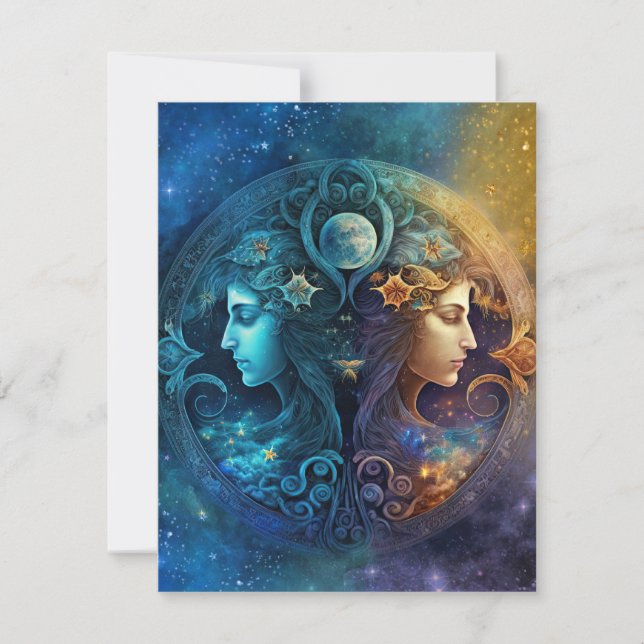 Gemini Zodiac Sign Watercolor Design Note Card (Front)