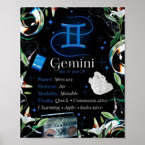 Gemini Zodiac Star Sign Y2K Black 45 Poster
