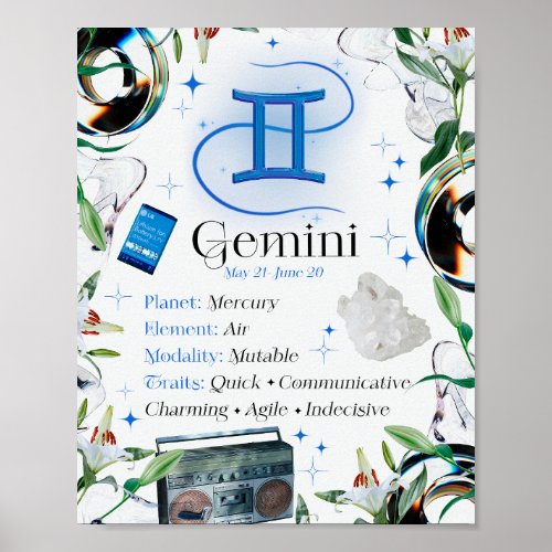 Gemini Zodiac Star Sing Y2K White 45 Poster