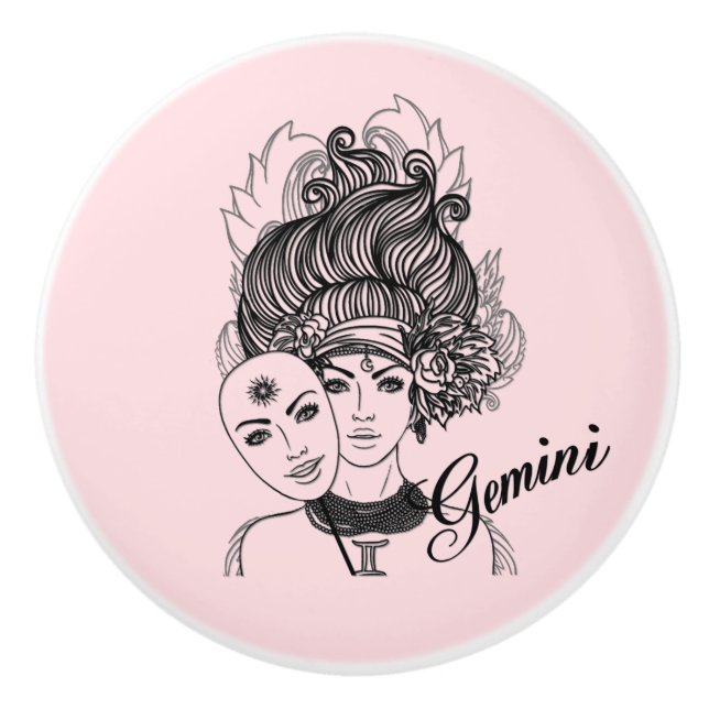 Gemini Zodiac Symbol and Sign Pink Ceramic Knob (Front)
