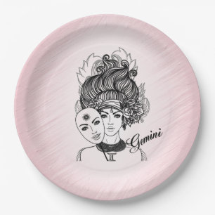 Gemini Zodiac Symbol and Sign Pink Paper Plates