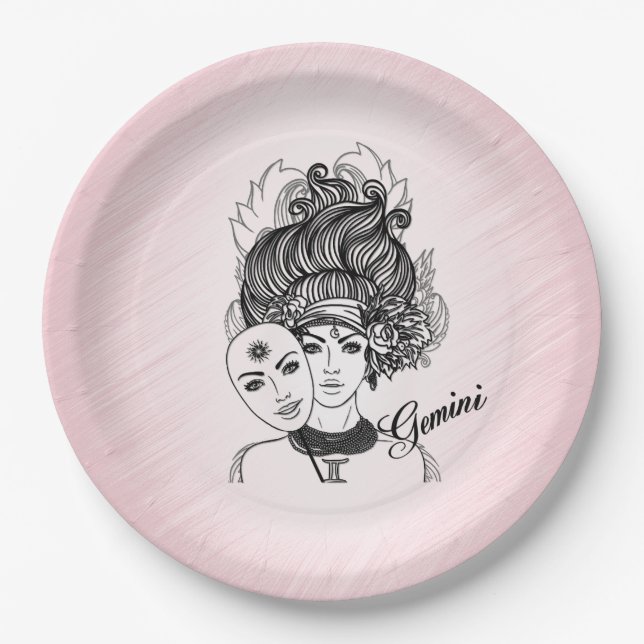 Gemini Zodiac Symbol and Sign Pink Paper Plates (Front)