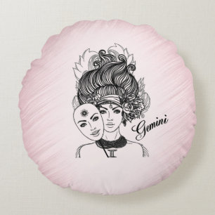 Gemini Zodiac Symbol and Sign Pink Solid Pink Back Round Pillow