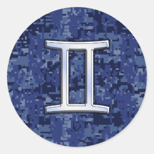Gemini Zodiac Symbol Blue Digital Camouflage Classic Round Sticker