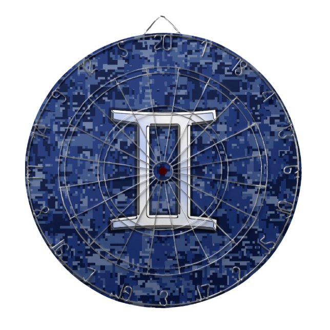 Gemini Zodiac Symbol Blue Digital Camouflage Dartboard With Darts (Front)