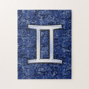 Gemini Zodiac Symbol Blue Digital Camouflage Jigsaw Puzzle