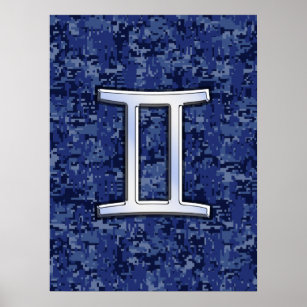 Gemini Zodiac Symbol Blue Digital Camouflage Poster