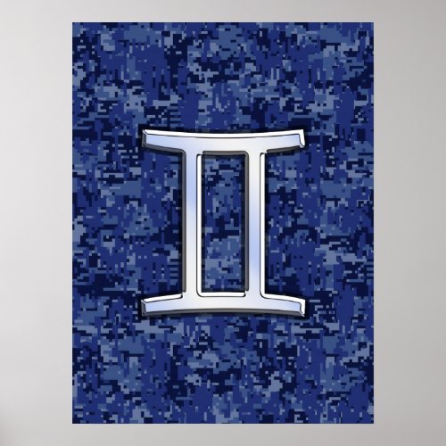 Gemini Zodiac Symbol Blue Digital Camouflage Poster