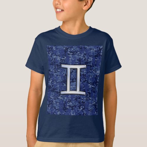 Gemini Zodiac Symbol Blue Digital Camouflage T_Shirt