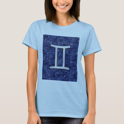 Gemini Zodiac Symbol Blue Digital Camouflage T_Shirt