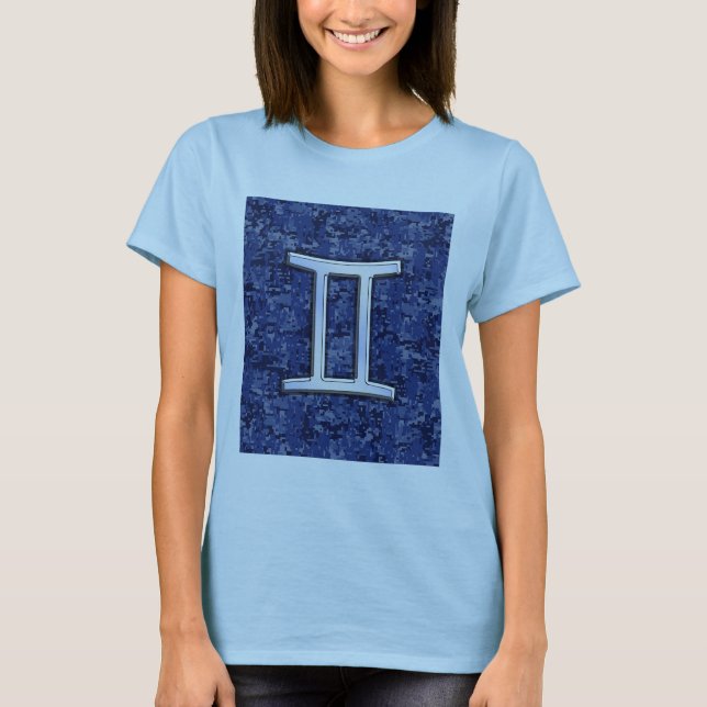 Gemini Zodiac Symbol Blue Digital Camouflage T-Shirt (Front)