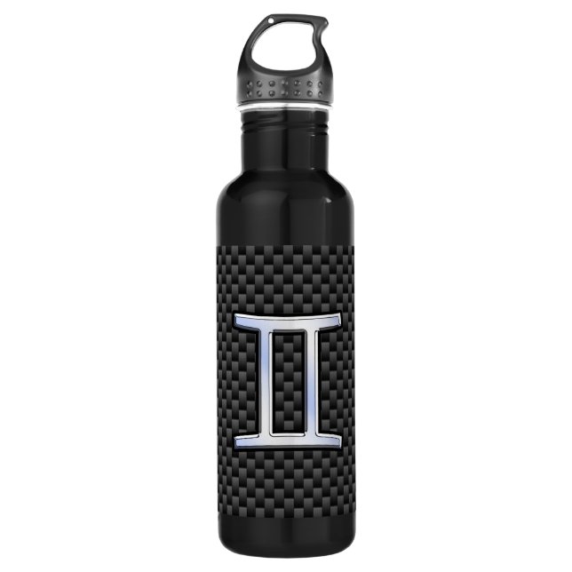 Gemini Zodiac Symbol Charcoal Carbon Fiber Style Water Bottle (Front)