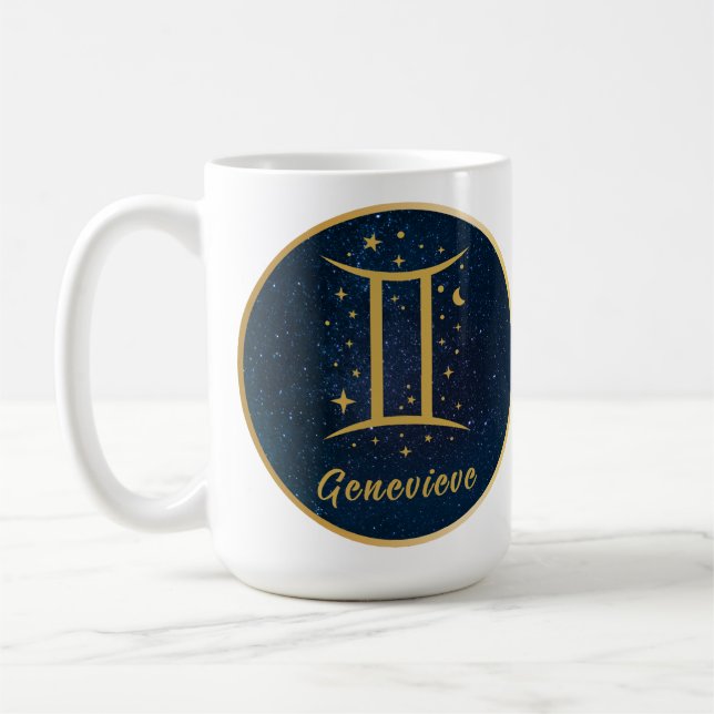 Gemini zodiac symbol gold blue stars personalized coffee mug (Left)