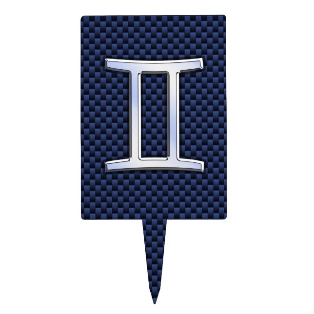 Gemini Zodiac Symbol Navy Blue Carbon Fiber Print Cake Topper (Front)