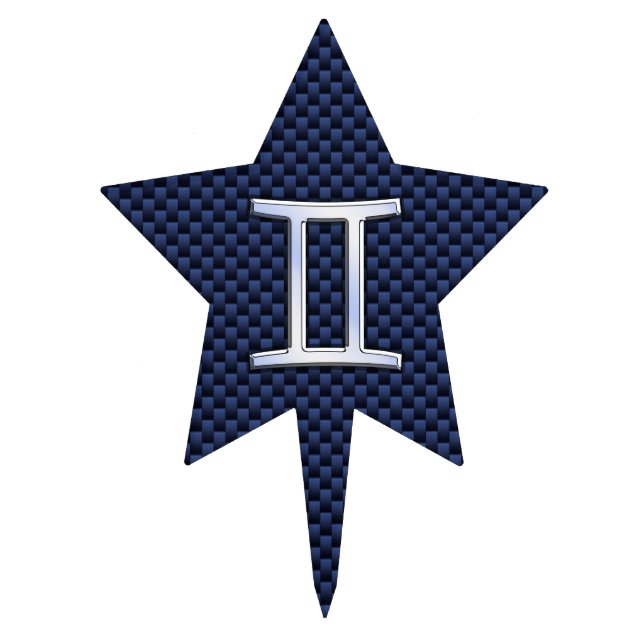 Gemini Zodiac Symbol Navy Blue Carbon Fiber Print Cake Topper (Front)
