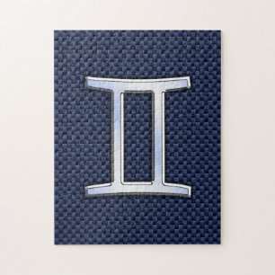 Gemini Zodiac Symbol Navy Blue Carbon Fiber Print Jigsaw Puzzle