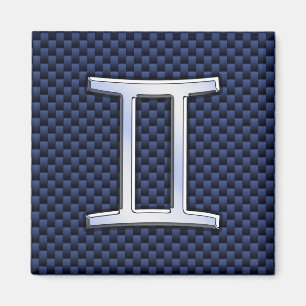 Gemini Zodiac Symbol Navy Blue Carbon Fiber Print Magnet