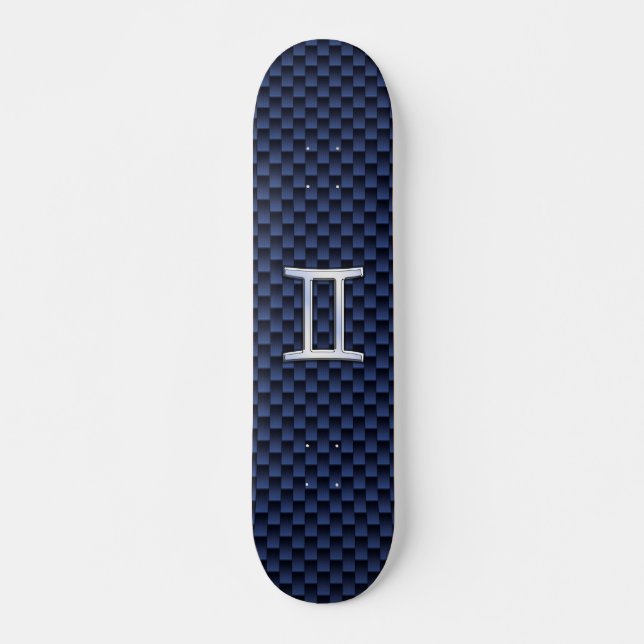 Gemini Zodiac Symbol Navy Blue Carbon Fiber Print Skateboard Deck (Front)