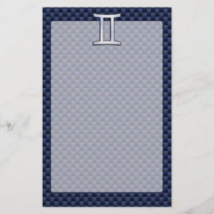 Gemini Zodiac Symbol Navy Blue Carbon Fiber Print Stationery