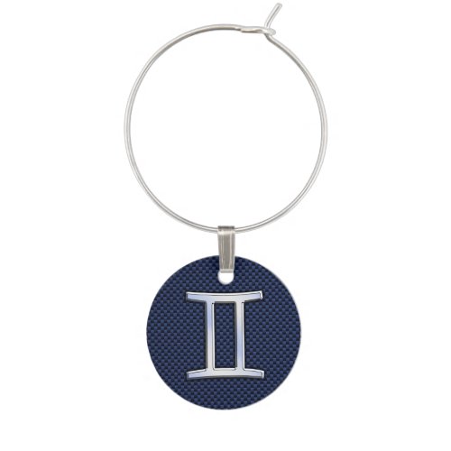 Gemini Zodiac Symbol Navy Blue Carbon Fiber Print Wine Charm