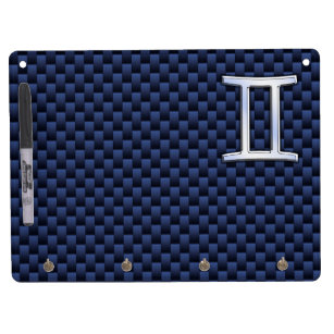 Gemini Zodiac Symbol Navy Blue Carbon Fiber Style Dry Erase Board With Keychain Holder