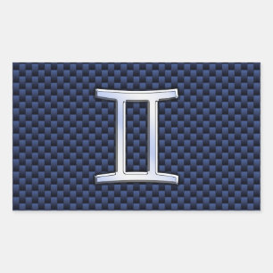 Gemini Zodiac Symbol Navy Blue Carbon Fiber Style Rectangular Sticker