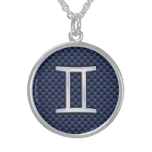 Gemini Zodiac Symbol Navy Blue Carbon Fiber Style Sterling Silver Necklace