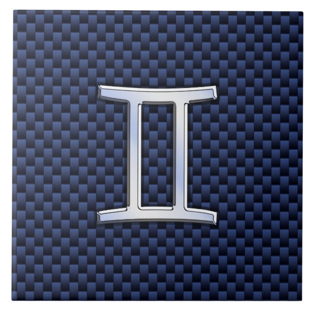 Gemini Zodiac Symbol Navy Blue Carbon Fiber Style Tile (Front)
