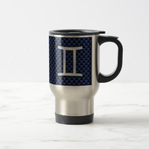 Gemini Zodiac Symbol Navy Blue Carbon Fiber Style Travel Mug