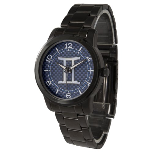 Gemini Zodiac Symbol Navy Blue Carbon Style Dial Watch