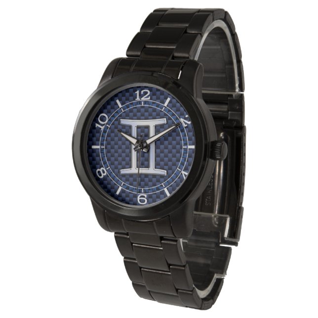 Gemini Zodiac Symbol Navy Blue Carbon Style Dial Watch (Angled)