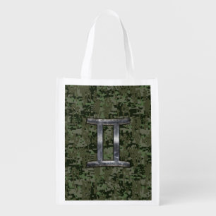 Gemini Zodiac Symbol on Green Digital Camo Grocery Bag