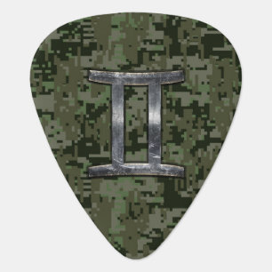 Gemini Zodiac Symbol on Green Digital Camo Guitar Pick