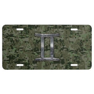 Gemini Zodiac Symbol on Green Digital Camo License Plate