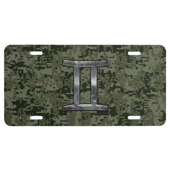 Gemini Zodiac Symbol on Green Digital Camo License Plate (Front)