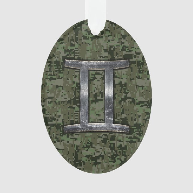 Gemini Zodiac Symbol on Green Digital Camo Ornament (Front)