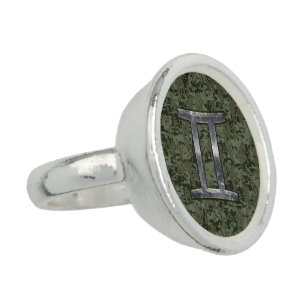 Gemini Zodiac Symbol on Green Digital Camo Ring