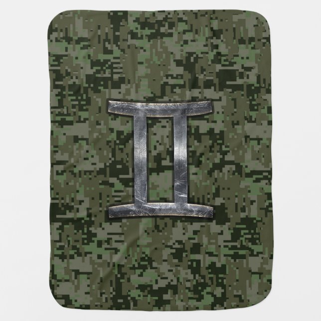 Gemini Zodiac Symbol on Green Digital Camo Swaddle Blanket (Front)