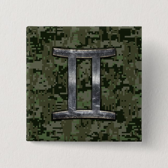 Gemini Zodiac Symbol on Green Digital Camouflage Button (Front)