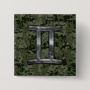 Gemini Zodiac Symbol on Green Digital Camouflage Button