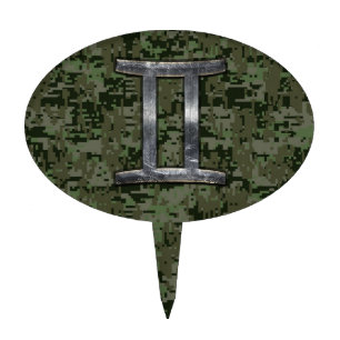 Gemini Zodiac Symbol on Green Digital Camouflage Cake Topper